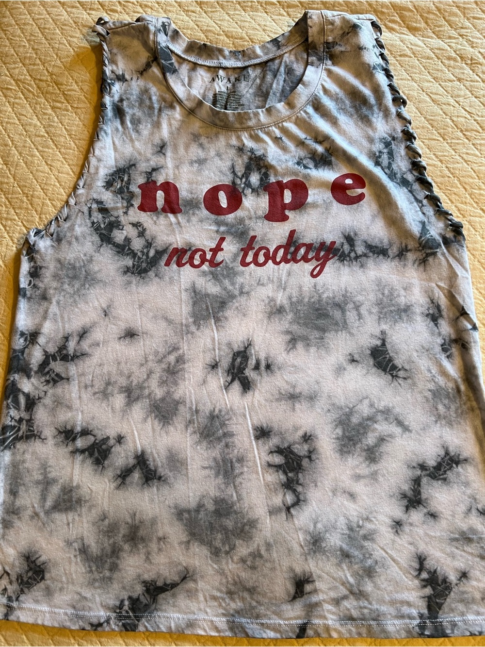 Awake Tie-Dye 'nope not today' Graphic Tank - Red Text on Gray/White